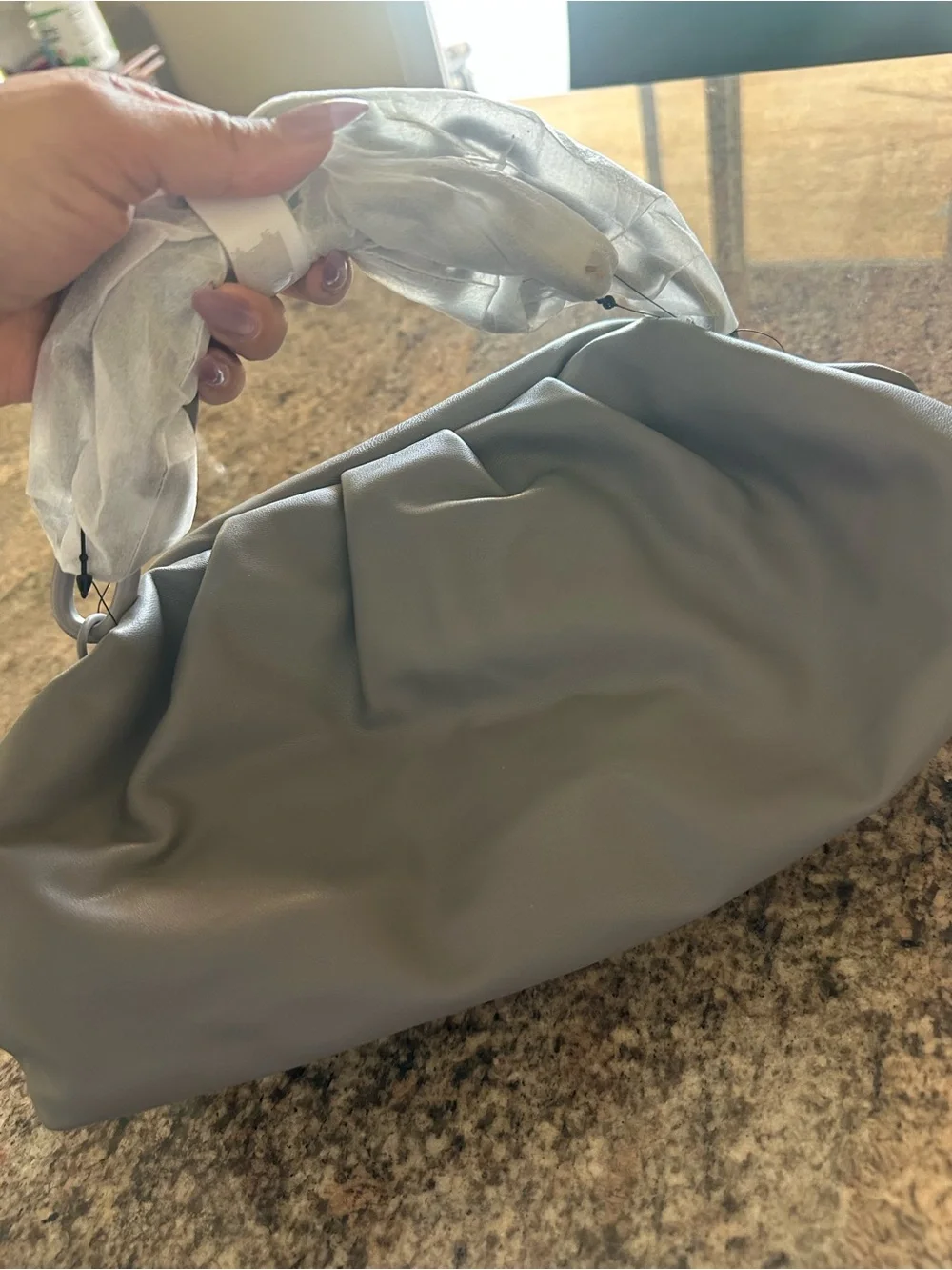 Badgley Mischka Gray Gathered Leather Clutch with Chain.🩶